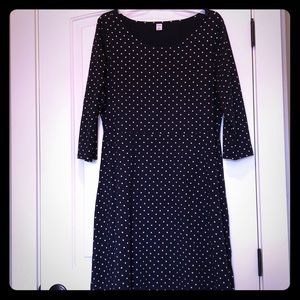 A-line navy and white polka dot dress